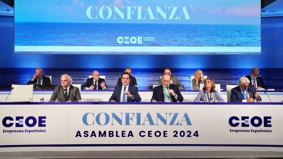 El presidente de CEOE, Antonio Garamendi, en la Asamblea General de la patronal.