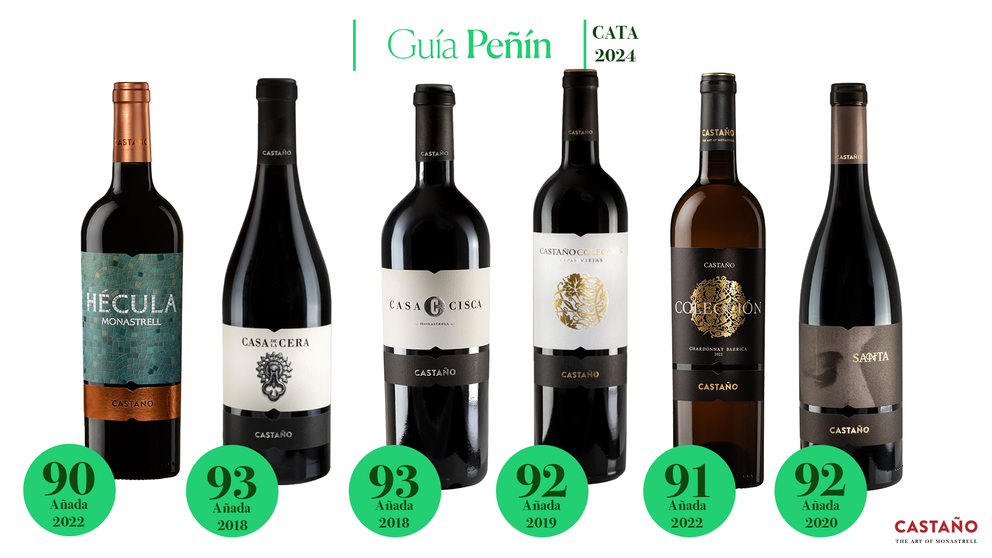 Imagen de los vinos de Bodegas Castaño que han obtenido la calificación de “excelentes” en la Guía Peñín 2024.