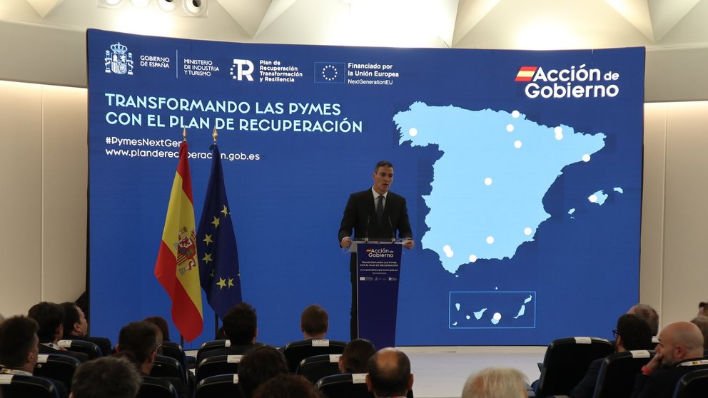 Imagen de Pedro Sánchez en el foro 'Transformando las pymes con el Plan de Recuperación'.