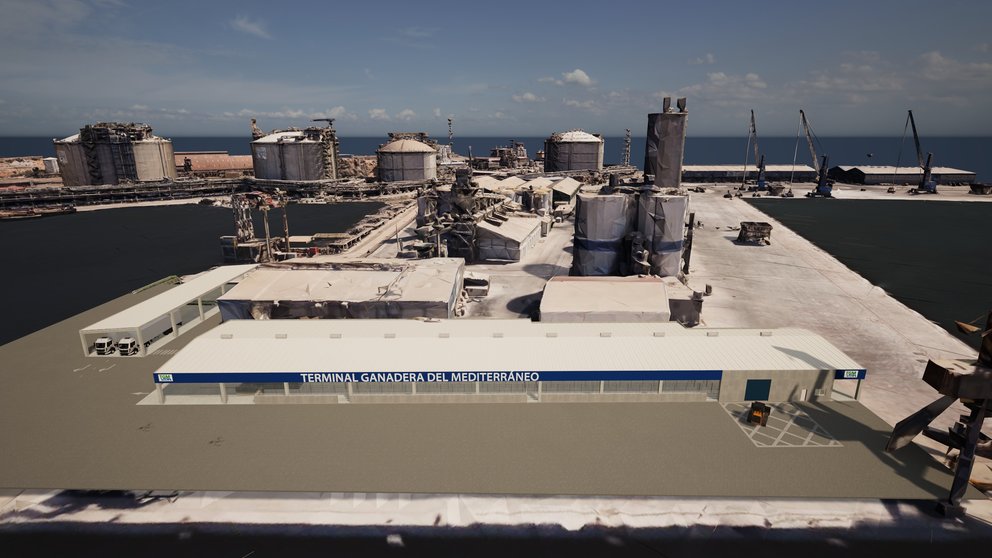 Render del proyecto de la primera terminal de embarque para el tráfico de ganado vivo en el muelle Príncipe Felipe en Escombreras.