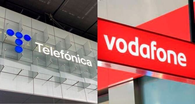 Fachadas de Telefónica y Vodafone. (Archivo)