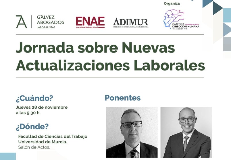 Cartel de la jornada sobre las últimas actualizaciones en el ámbito laboral organizada por la Asociación Dirección Humana de la Región de Murcia, junto con Gálvez Abogados Laboralistas, en colaboración con Adimur y ENAE. (Dirección Humana)