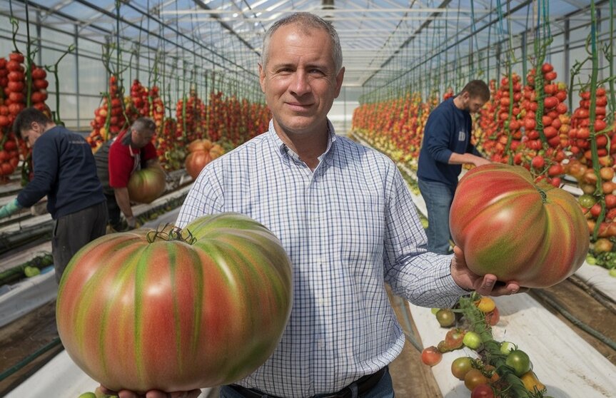 Antonio López, agricultor de Mazarrón, mostrando los tomates gigantes en su finca experimental. (Proexport)