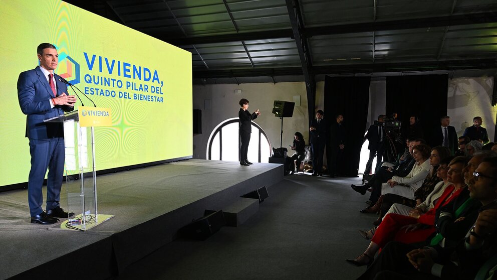 El presidente del Gobierno, Pedro Sánchez, durante su intervención en el foro 'Vivienda, quinto pilar del Estado del Bienestar'. (Pool Moncloa/Fernando Calvo y Borja Puig de la Bellacasa)