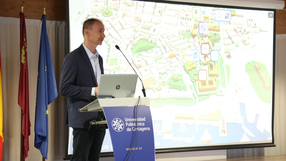 El rector de la UPCT, Mathieu Kessler, durante su intervención en la la EUt+ week. (UPCT)