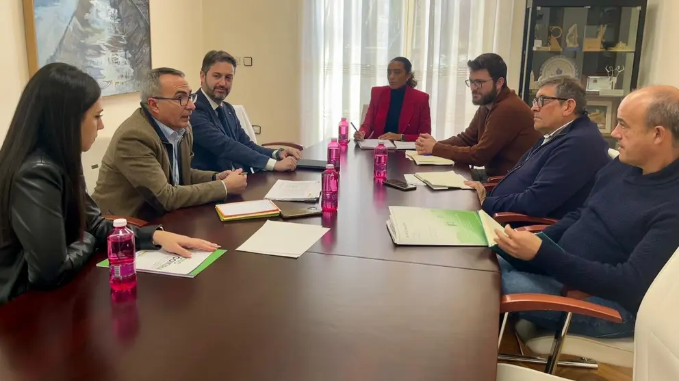 Un momento de la reunión entre la alcaldesa de Alhama de Murcia, Rosa Sánchez Bishop, y representantes del Colegio de Ingenieros Técnicos Industriales y de la Oficina de Transformación Comunitaria (OTC-COITIRM). (Fidedigno)