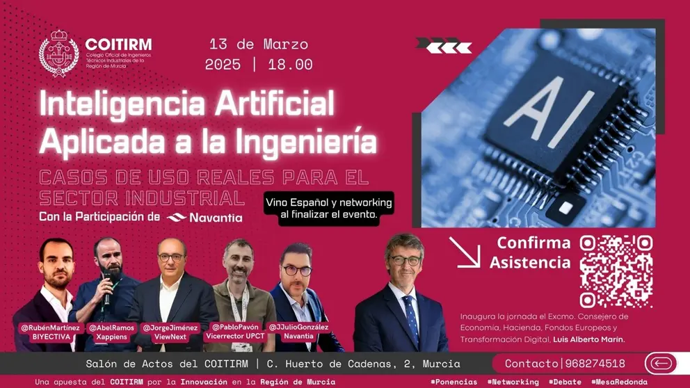 Cartel de la jornada práctica sobre la IA aplicada a la ingeniería en las pymes murcianas del COITIRM. (Fidedigno)